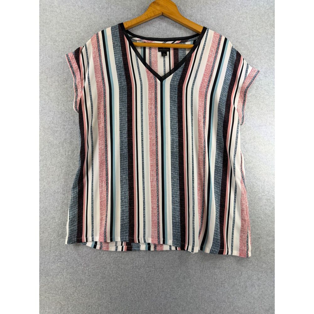 Worthington Large Multicolor Vertical Stripe V-Neck Short Sleeve Blouse 3530